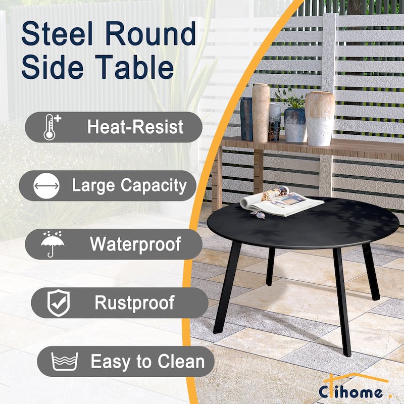 Clihome Weather Resistant Round Steel Patio Large Coffee Table
