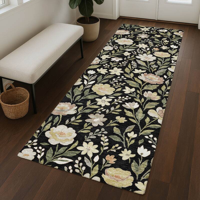 Machine Washable Indoor/ Outdoor Floral Garden Chantille Rug