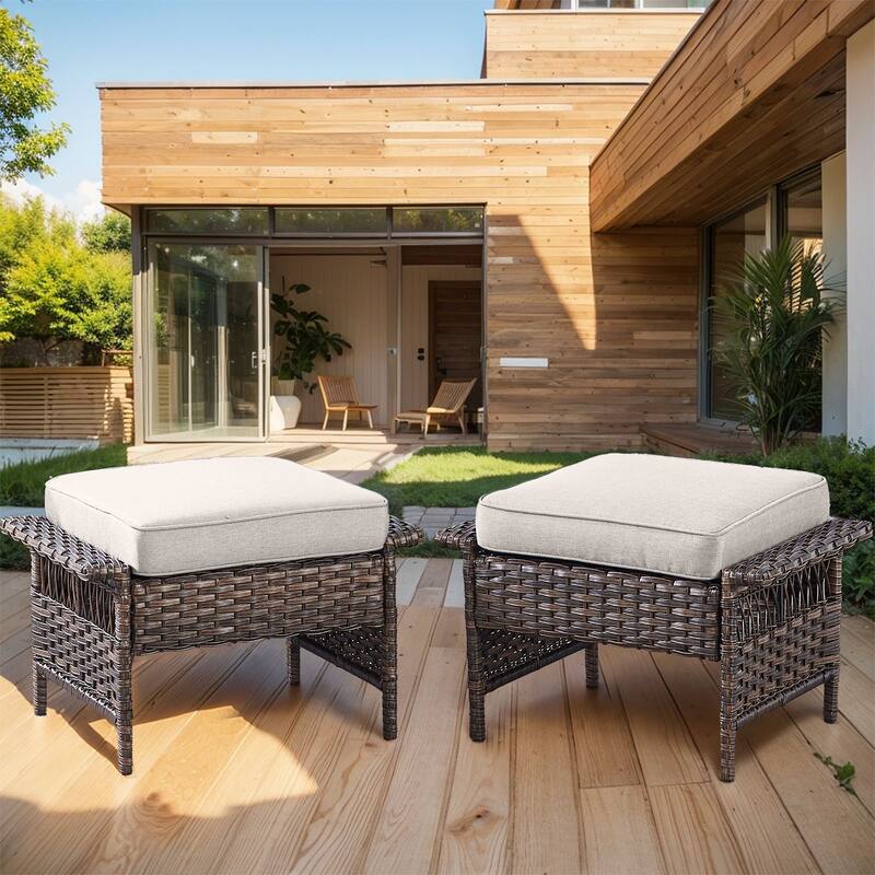 Outdoor Wicker Furniture Couch Set - Brwon Wicker Beige Cushion - 2PCS Ottomans