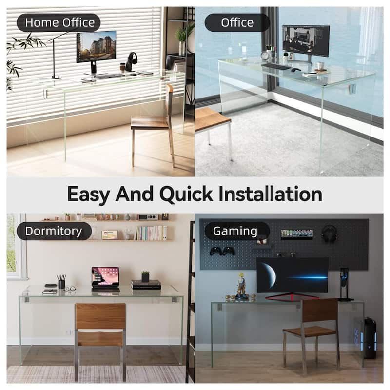 Modern Minimalist Tempered Glass Writing Desk,Transparent All Glass Workstation with Sleek Chrome Hardware for Home Office