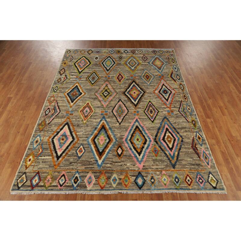 Multi-Color Geometric Moroccan Oriental Rug Hand-Knotted Wool Carpet - 7'0" x 9'7"