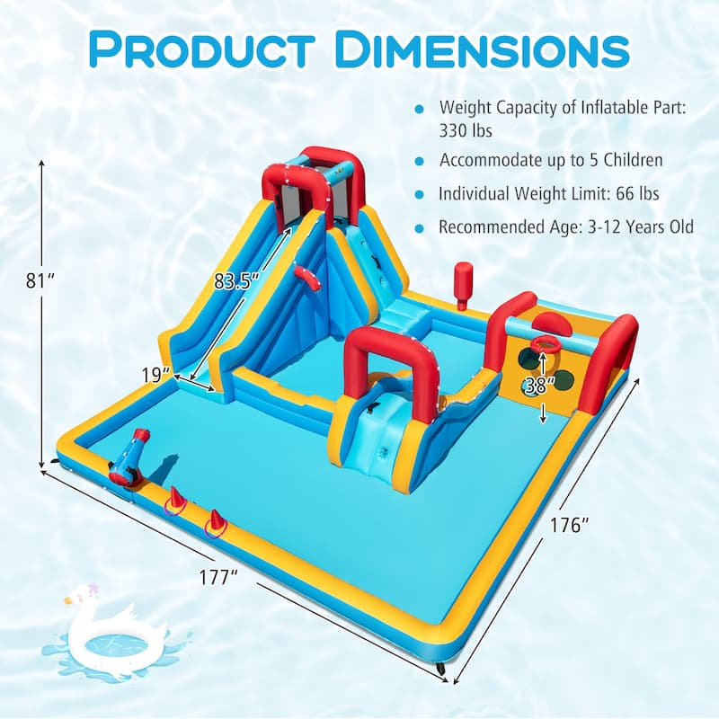 Giant Kids Inflatable Water Park 9-in-1 with Slide Climbing Wall and Ball Games and Water Cannon - 177” x 176” x 81” (L x W x H)