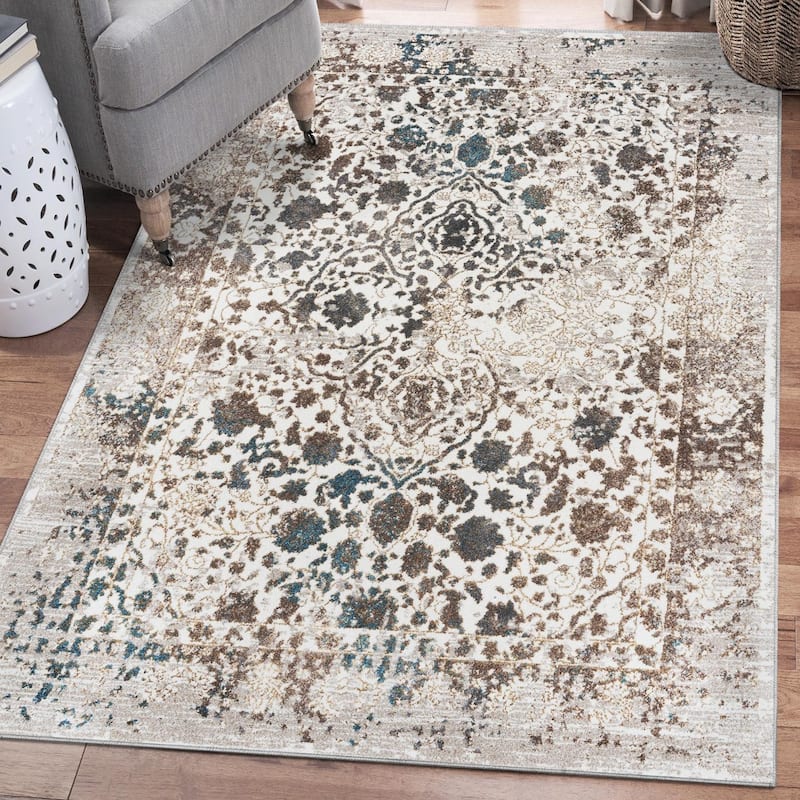 Luxe Weavers Distressed Floral Oriental Area Rug - 5' x 7' - 5' x 7' - Cream