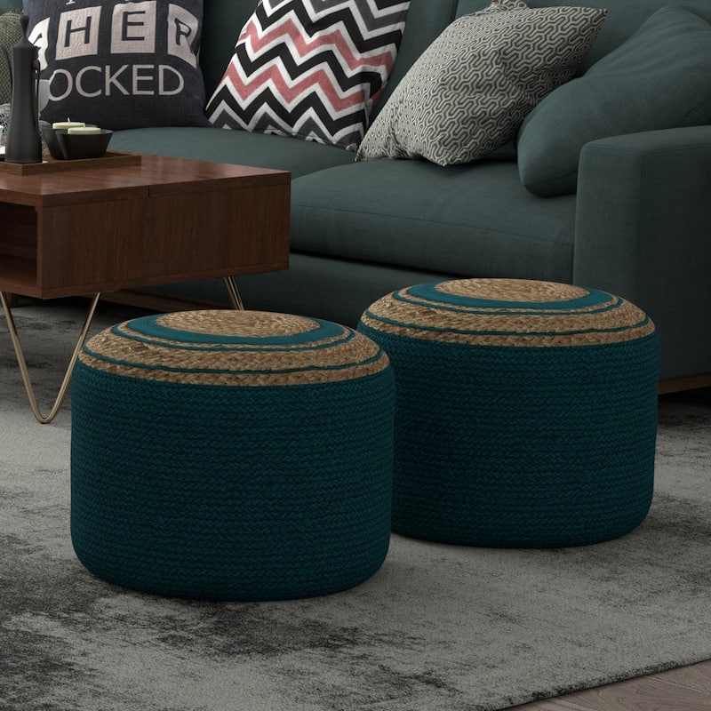WYNDENHALL Winslet Round Braided Pouf - Deep Aqua