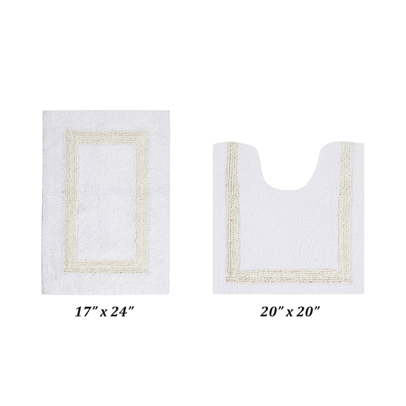 Better Trends Hotel Collection in Race Track 100% Cotton Super Absorbent Reversible Double Sided Machine Washable Bath Mat Rug - 2 Piece Set (17" x 24" | 20" x 20") - White & Ivory