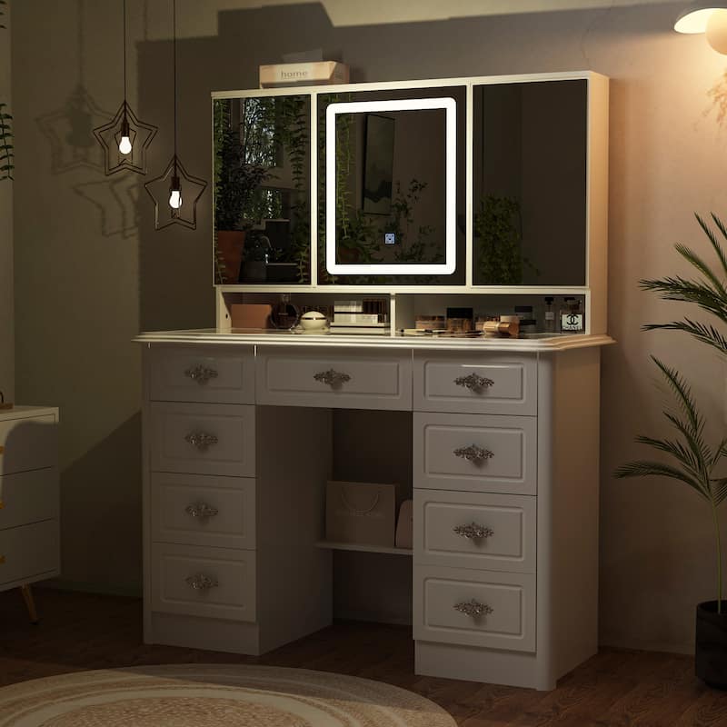 43.3"W Makeup Vanity White Vanity Desk with Hidden Storage Shelves