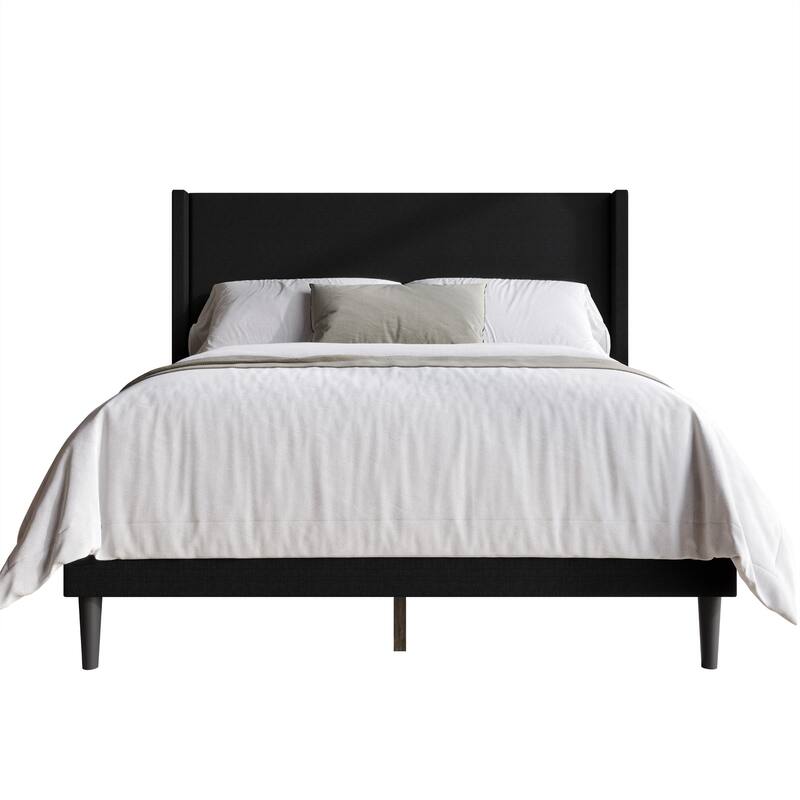 Clayfell Bangor Upholstered Wingback Platform Bed, Linen, No Box Spring Required - Full - Black