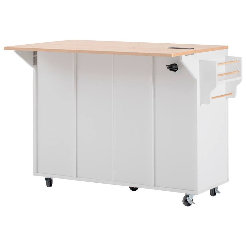 55.5" Fluted Storage Kitchen Island with Drop Leaf and Power Outlet and 3 Drawers