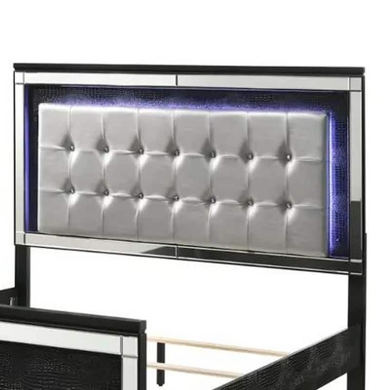 Lee Queen Size Bed, LED, Tufted Faux Leather Upholstery, Textured Black
