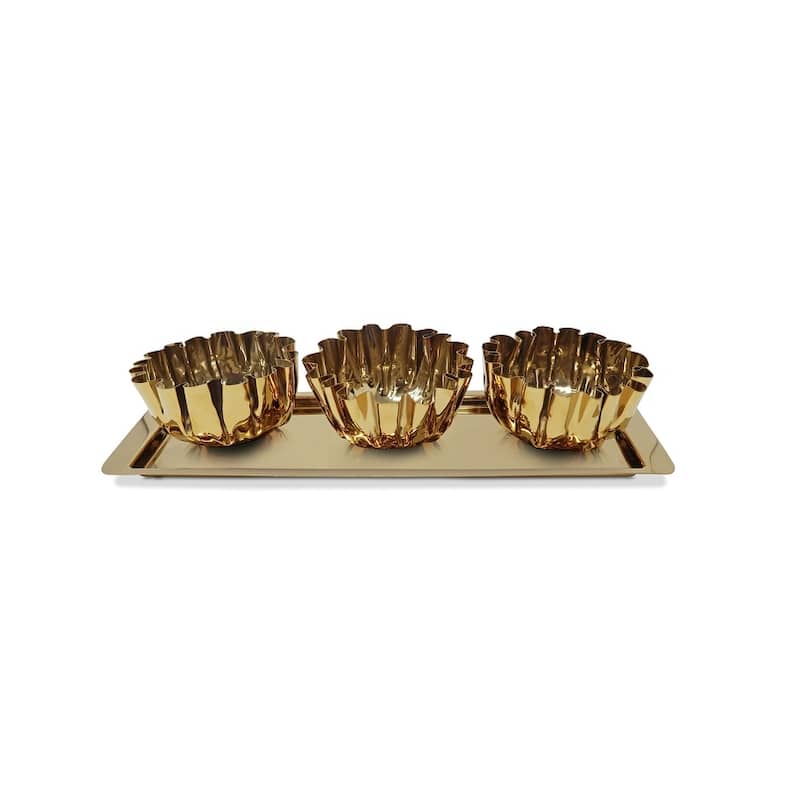 3 Bowl Stainless Steel Relish Dish on Tray, 17.25"L - Gold