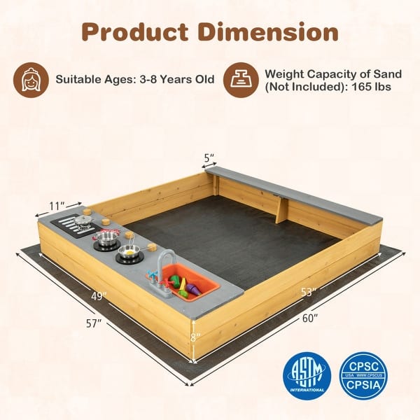Wooden Sandbox Kids Sand Pit with Kitchen Playset Accessories - 53