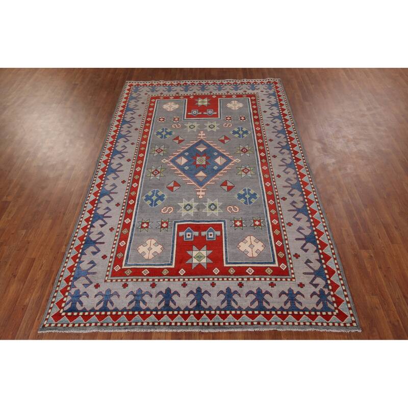 Gray Geometric Kazak Oriental Area Rug Hand-Knotted Wool Carpet - 6'7" x 10'2"