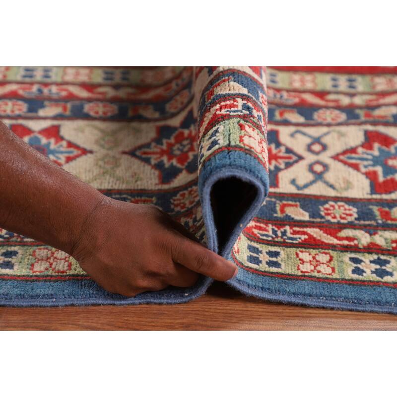 Blue Geometric Kazak Large Area Rug Hand-Knotted Wool Carpet - 9'9" x 13'2"