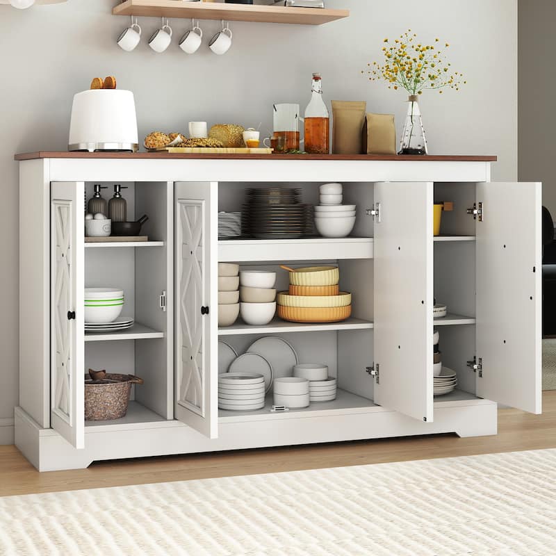 Moasis 59" Farmhouse Buffet Cabinet with 4 Doors, Adjustable Shelves for Kitchen & Living Room, White