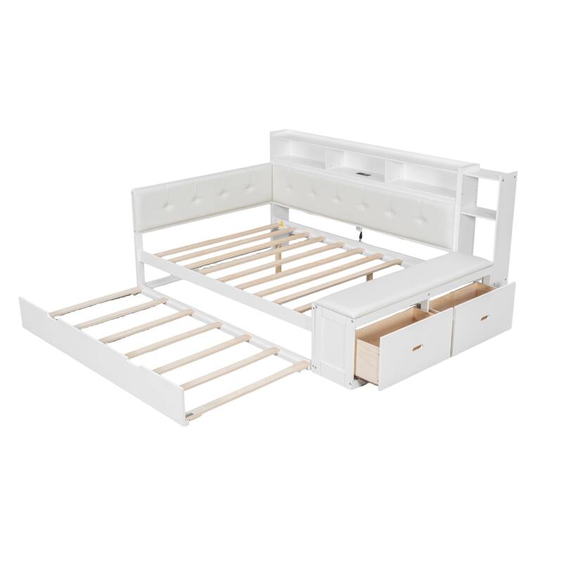 Roomfitters Full Wood Daybed with Trundle, Storage Shelves and Side Bench