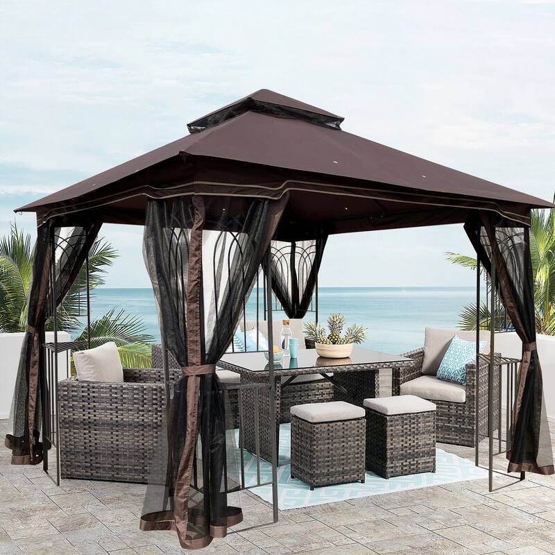 10' X 10' Steel Polyester Soft-Top Double Roof Outdoor Canopy Gazebo - Brown