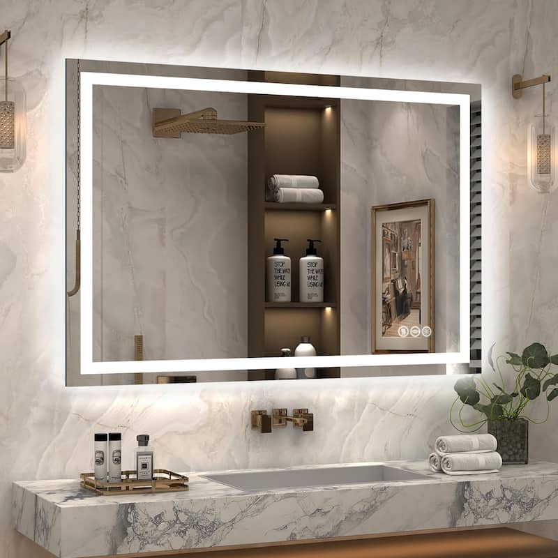 Extra Large LED Bathroom Mirror Anti-Fog Tempered Wall Vanity Mirror with Double Light Strip, Dimmable, UL-Listed