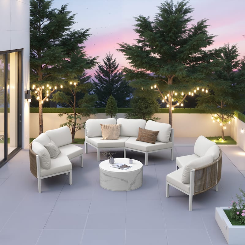 Outdoor Patio Furniture PE Rattan Wicker Half Round Curved Sofa Sectional Set - Beige - 6PC