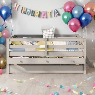Low Loft Elegant Bed Twin Size with Full Safety Fence, Climbing ladder, Storage Drawers and Trundle Gray Solid Wood Bed
