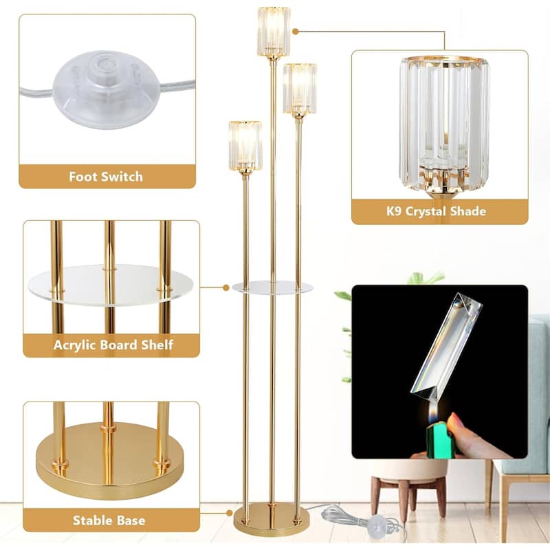 Modern Mid-Century Floor Lamp with Crystal Shade & Shelves