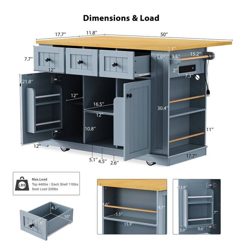3-Piece/1 Piece Kitchen Island Set with/without 2 Bar Stools, Kitchen Cart on Wheels with 3 Drawers, Drop Leaf & Open Side Racks