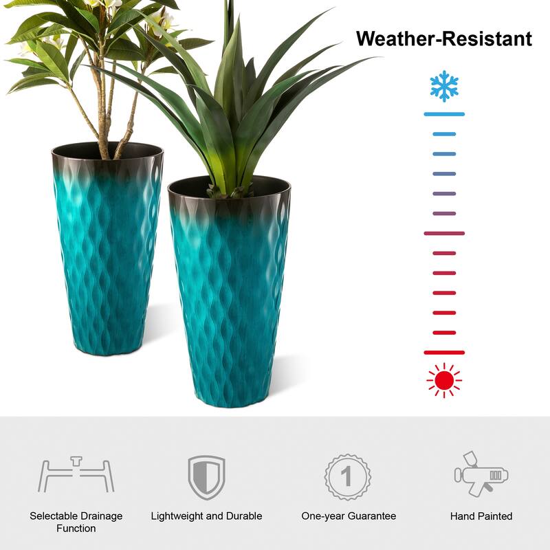 Glitzhome 23.75"H Set of 2 Oversized Wavy Texture Cobalt Blue/Turquoise/Red Tall Plastic Planter