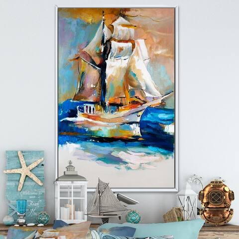Designart "Colorful Old Ship Painting" Nautical & Coastal Framed Canvas Wall Art