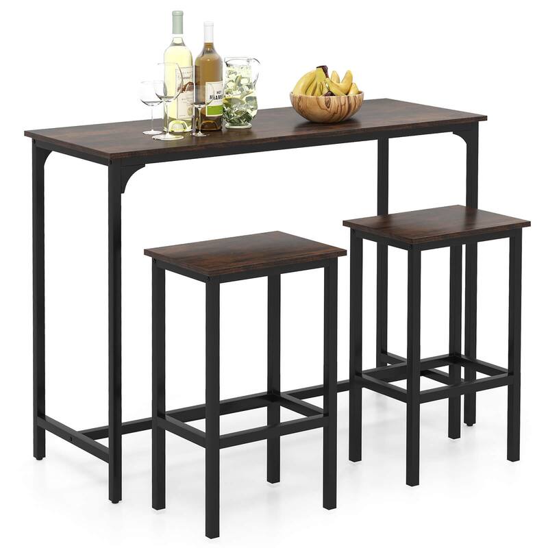 Costway 3 PCS Counter Height Table Set with Footrests Rectangular Pub - Brown