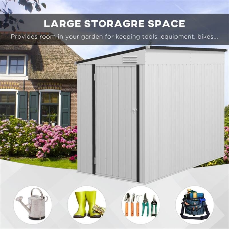 Galvanized Metal Garden Shed Outdoor Storage Lockable Door - 51.2" W x 92.5" D x 64.6" - 72.8" H