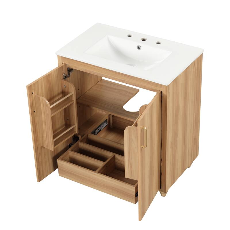 Roomfitters 30" Bathroom Vanity with Sink, Solid Wood Frame, 2 Doors with Storage Racks & Divided Bottom Drawer, Natural