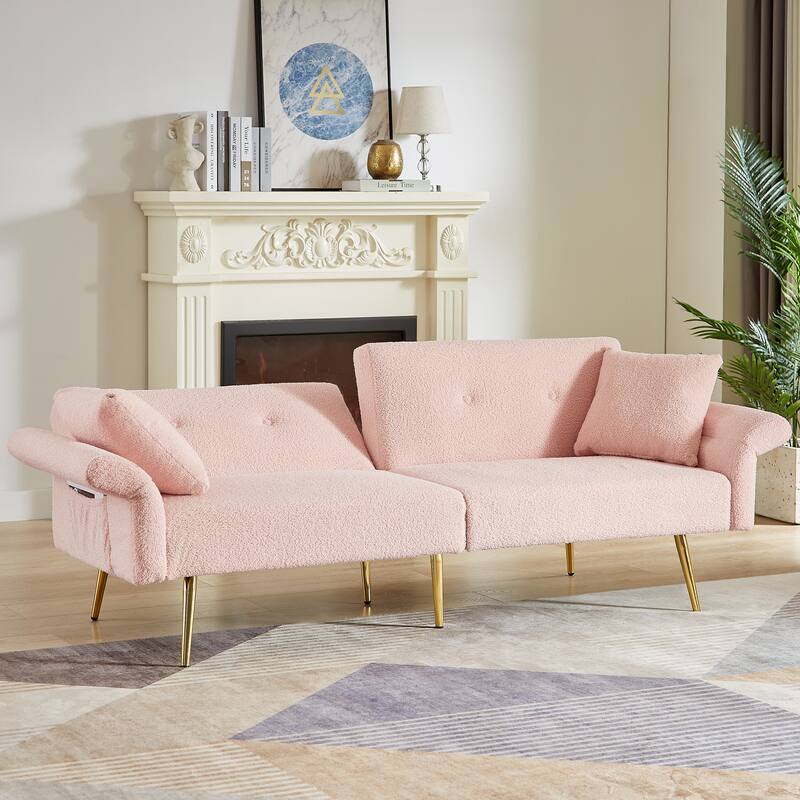 Loveseat Sofa Folding Sleeper Sofa Bed with Foldable Armrest and Adjustable Back, Lounge Couch wMetal Legs & Side Pocket - Pink