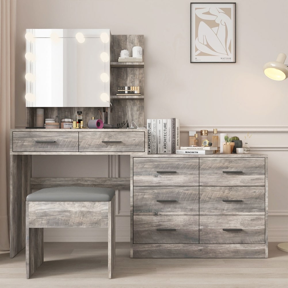 Multifunctional Vanity Table Set with Charging Station,Storage Drawer Shelf and LED Lights