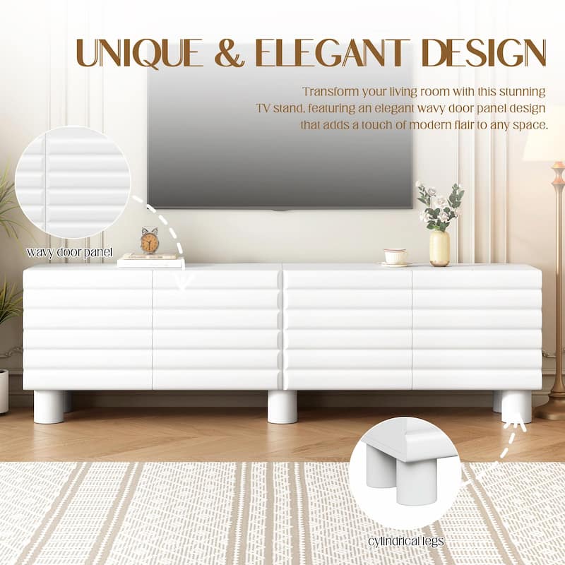 Stylish Thick Wavy Door TV Cabinet - Adjustable Shelves, TV Stand with 4 Cabinets for TVs Up to 75