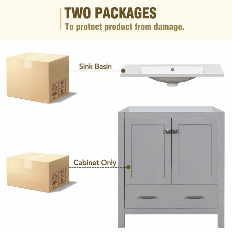 30" White Bathroom Vanity with Single Sink, 2 Doors, and Drawer