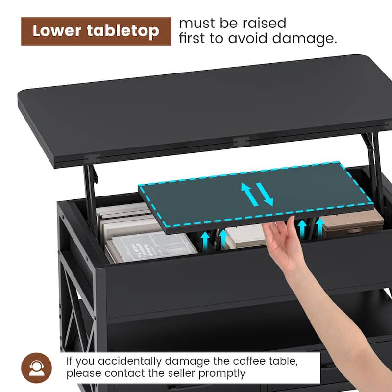 Coffee Table Lift Top 2 Drawers Hidden Compartment for Living Room