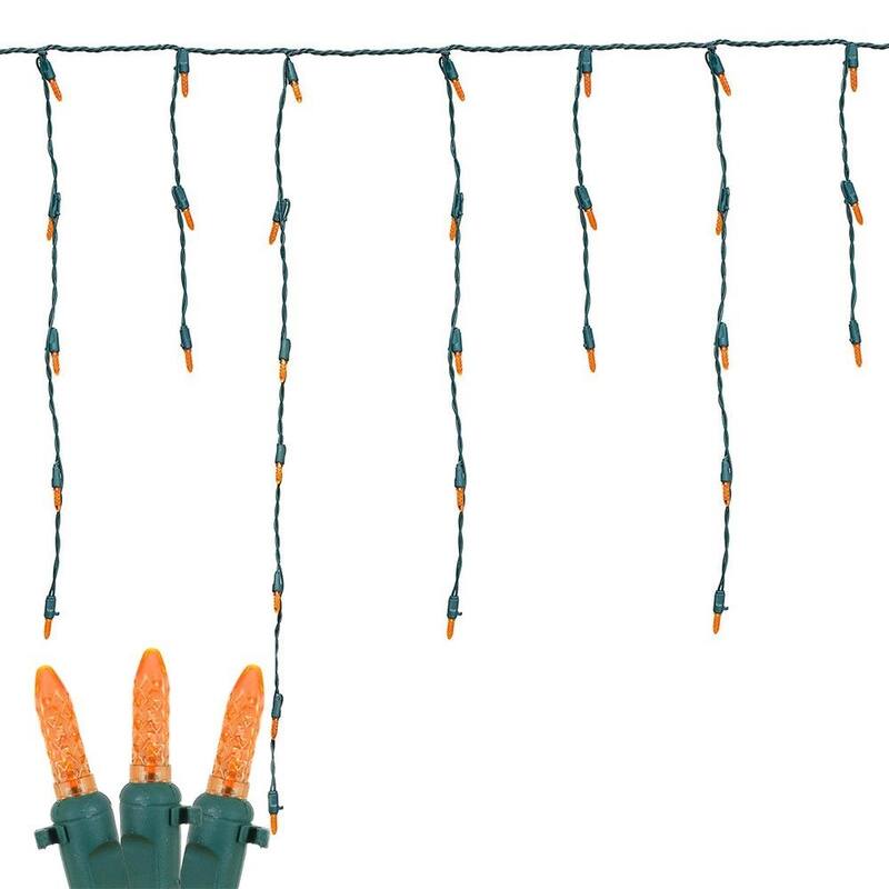 M5 Christmas LED Icicle Light Set, Green Wire, 15' Long, 150 Light - Orange