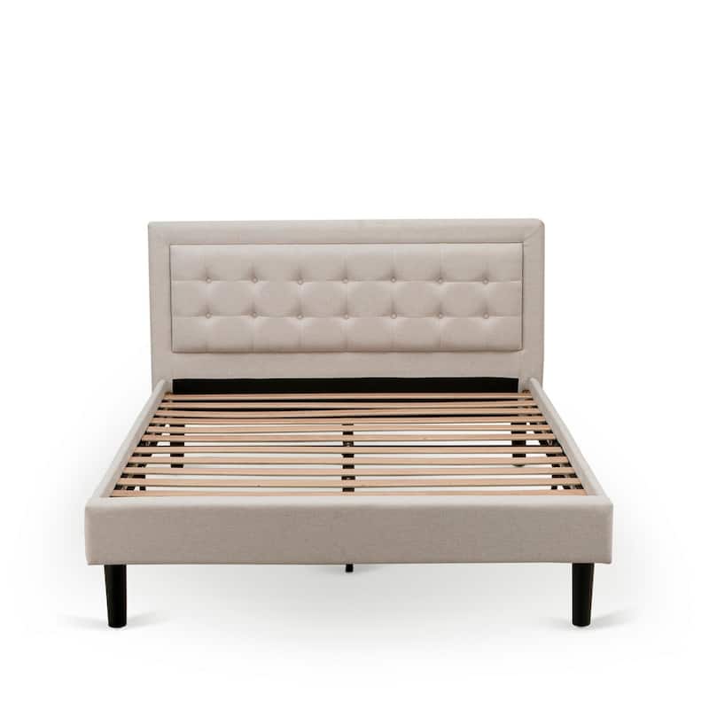 Queen Size Bed Platform Wood Frame - Linen Upholstered Headboard - Modern Bedroom Furniture