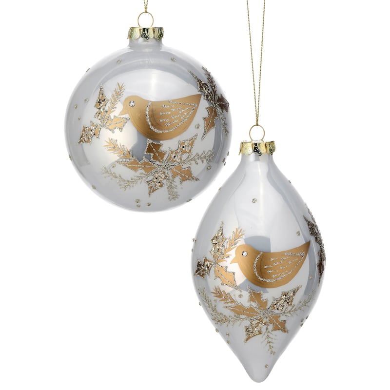 4-6" Glass Dove Ball And Finial Ornament Set of 2