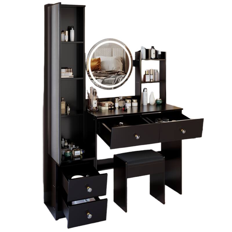 Vanity Set w/ 3-Color Light, Full Body Mirror Cabinet, Cushioned Stool