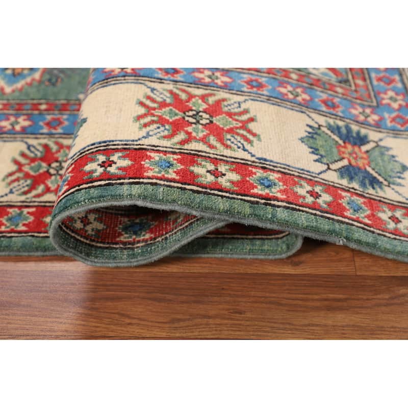 Kazak Oriental Area Rug Handmade Green Geometric Wool Carpet - 5'1" x 7'3"