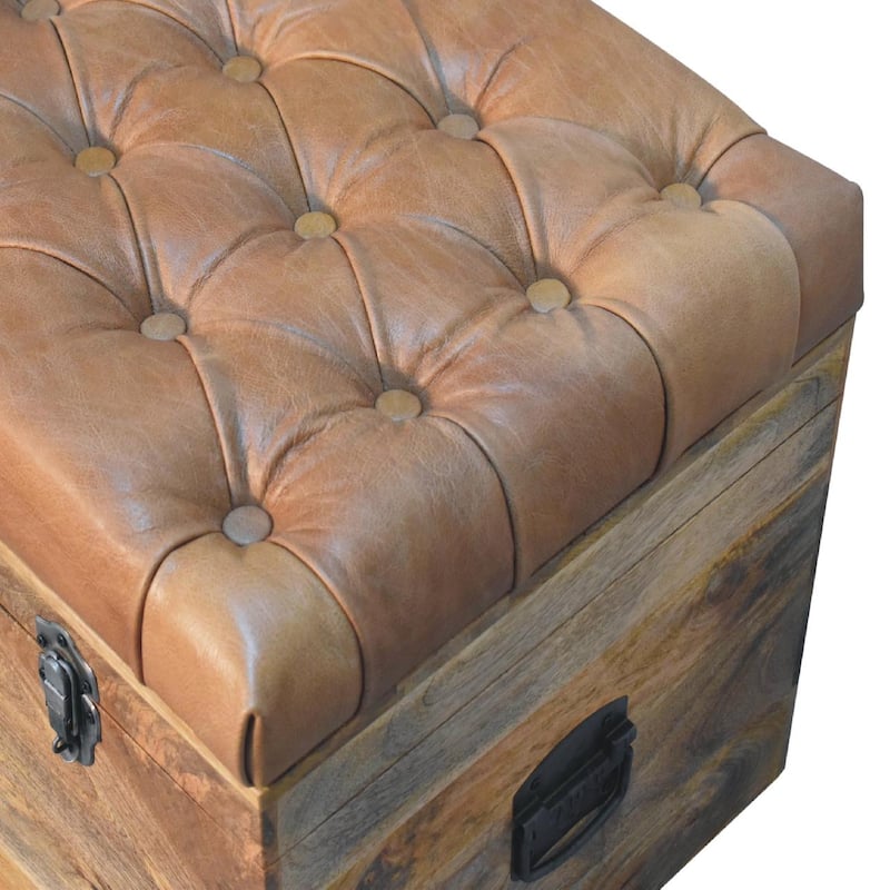 Artisan Furniture Solid Wood Buffalo Hide Oak-ish Storage Trunk, Brown with storage
