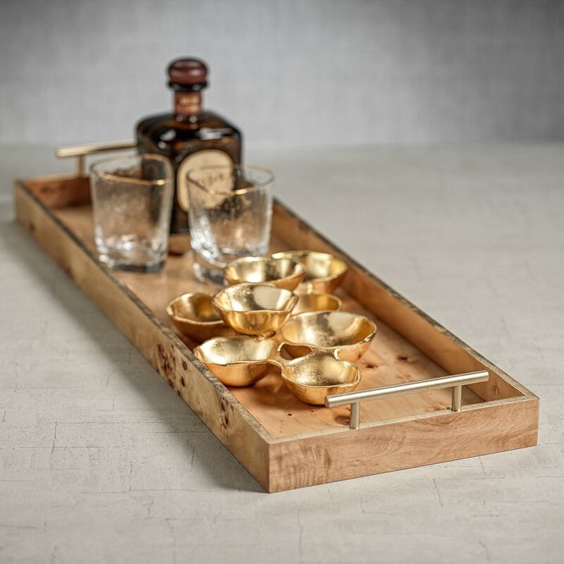 Dubbo Burl Wood Rectangular Tray with Gold Handles