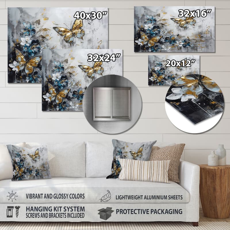 Designart "Golden Blue Butterfly Wings And Flowers III" Floral Metal Wall Art