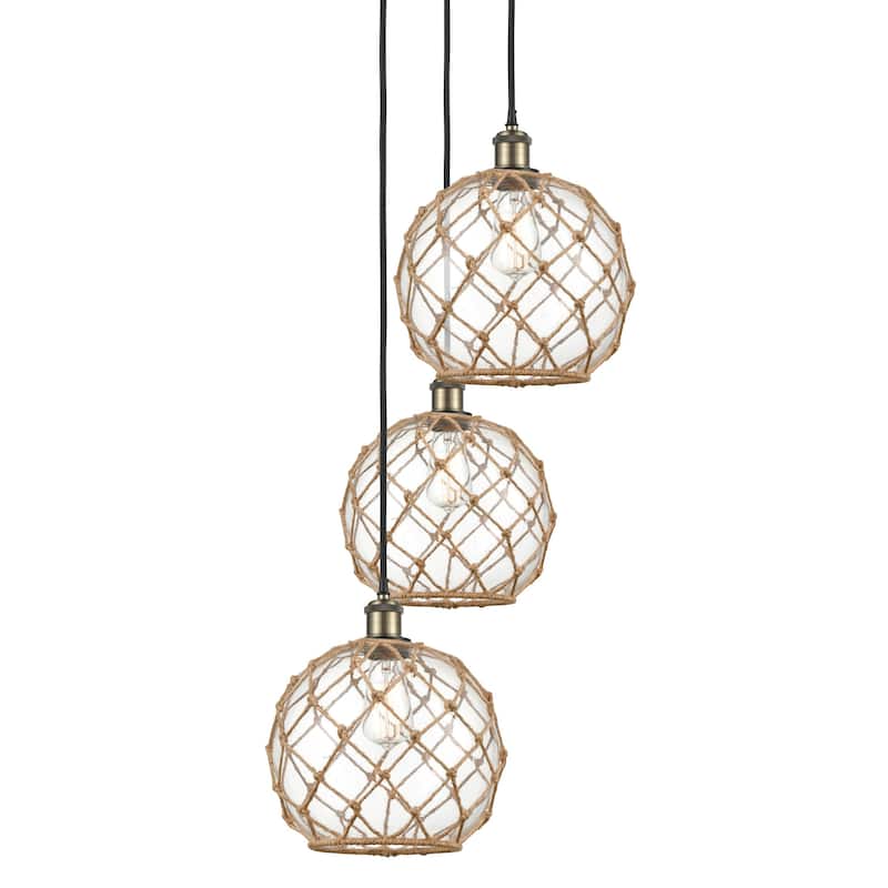 Innovations Lighting 113B-3P-37-17 Farmhouse Rope Pendant Farmhouse - Black Antique Brass / Clear Glass with Brown Rope