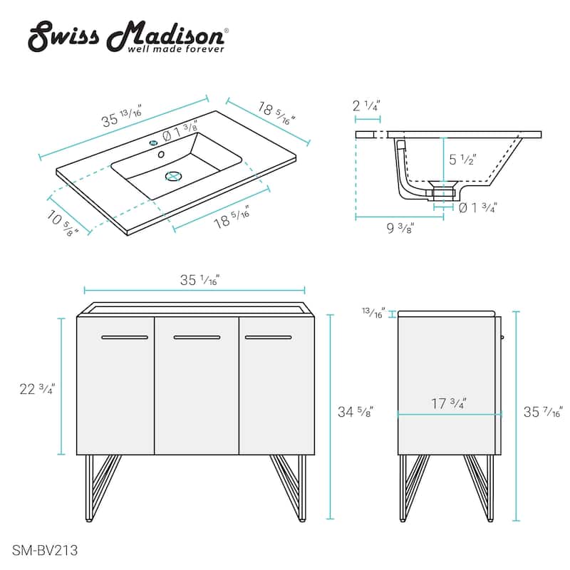 Swiss Madison Annecy 36" Single, Two Doors, One Drawer, Bathroom Vanity