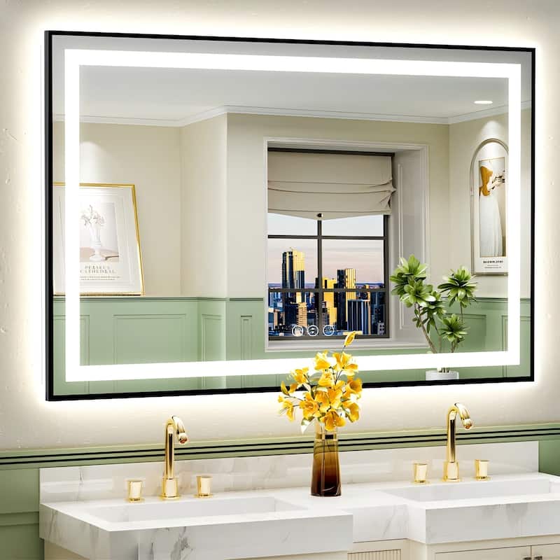 Framed Front & Back LED Lighted Anti-Fog Tempered Glass Wall Bathroom Vanity Mirror - 57" x 36"
