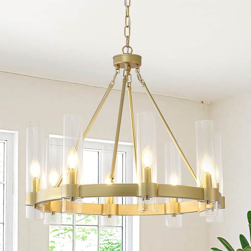 8-Light Industrial Wagon Wheel Chandelier with Glass - Gold