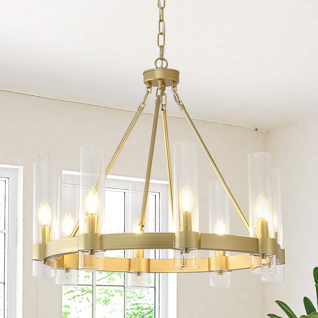 8-Light Industrial Wagon Wheel Chandelier with Glass