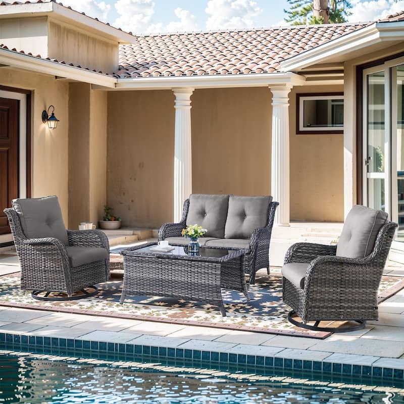 Pocassy 4 Pieces Outdoor 4 Inch Sofa Swivel Chairs Table - Gray cushion - Gray Wicker