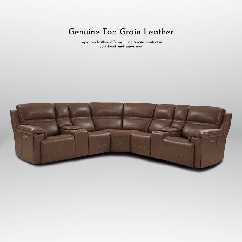 7PCS, 3 power Recliners, Dual-Power Genuine Leather Reclining Sectional with Console, Zero Gravity